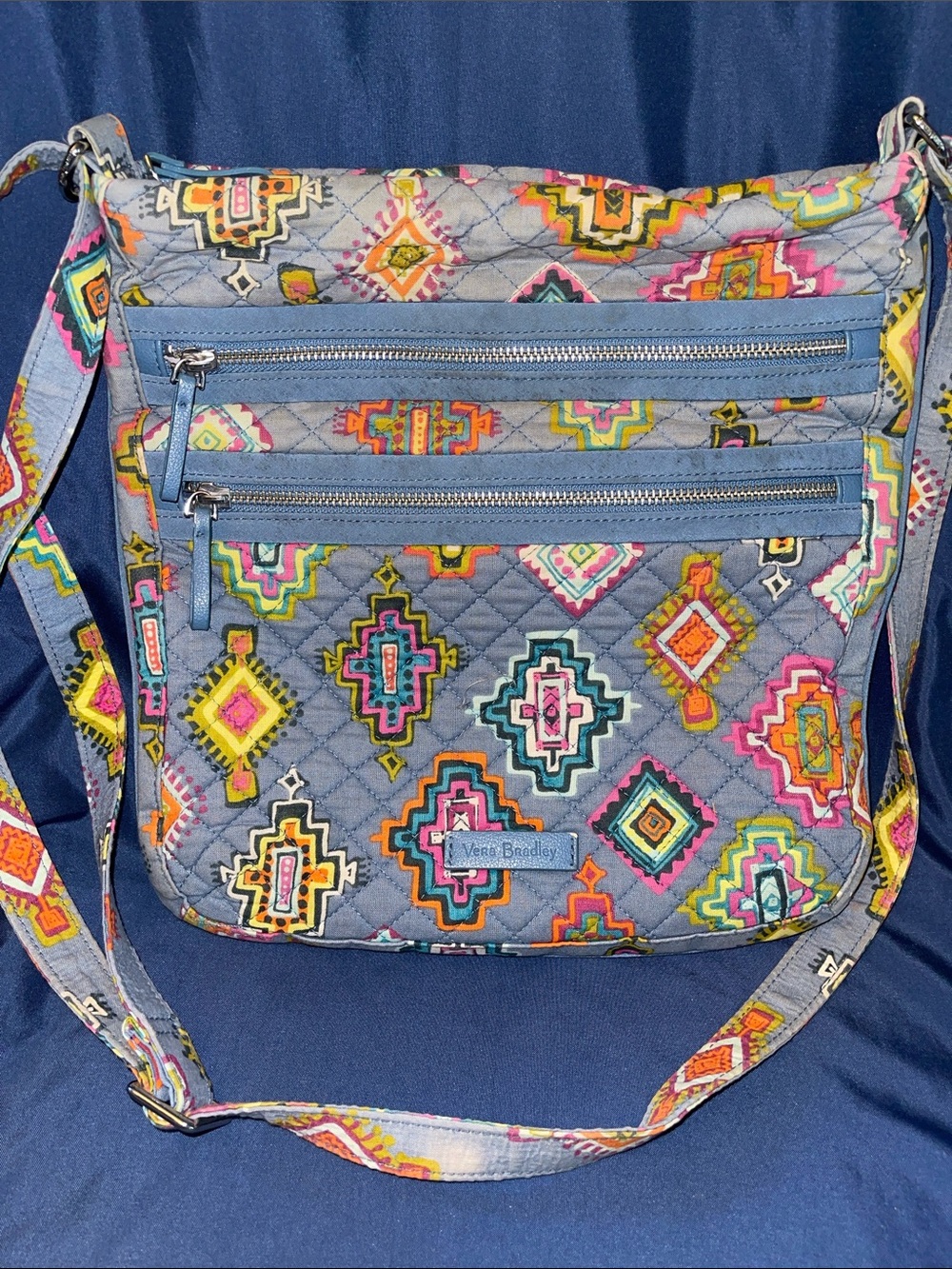 Vera Bradley Gray Quilted Crossbody with Bright Geometric Motif